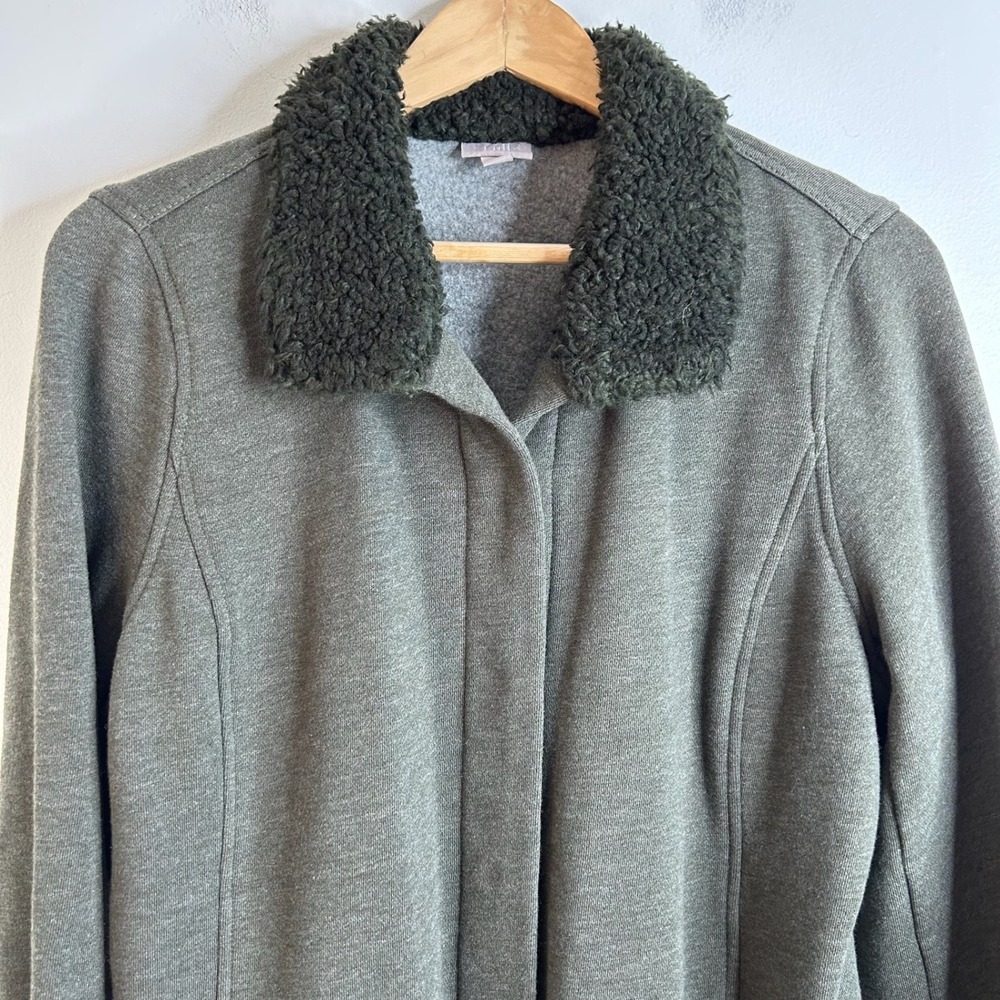 J Jill Green Chore Jacket Sz L Comfort Fleece Lined Warm Sherpa Collar Cardigan - Picture 5 of 9